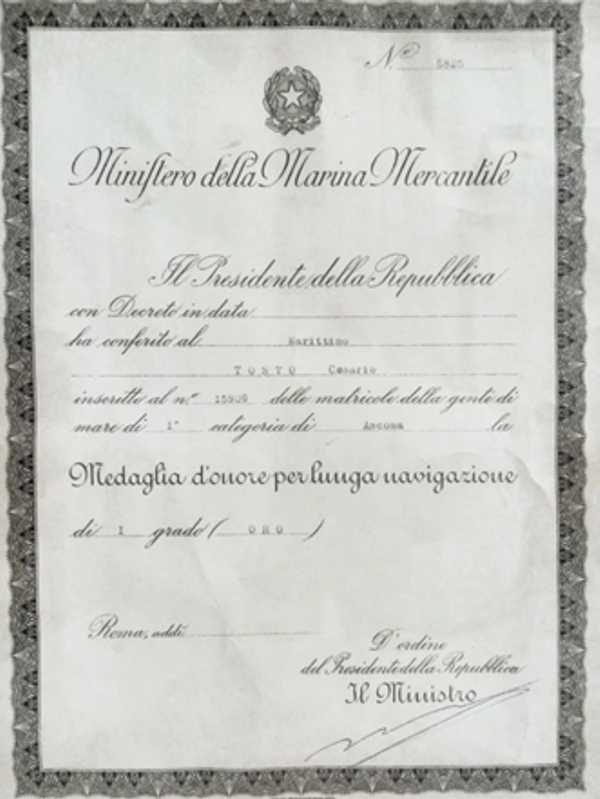 Attestato della medaglia oro di lunga navigazione